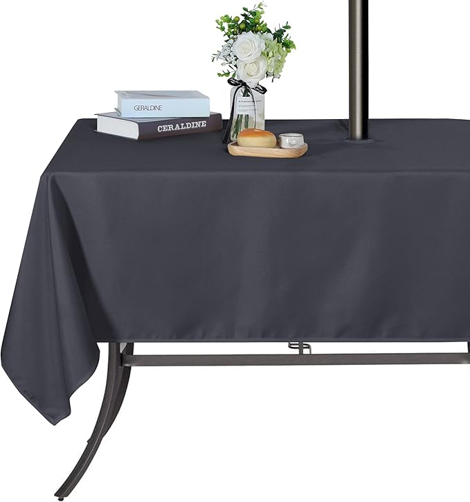 SARAFLORA Outdoor and Indoor Tablecloth -60x102 inch Grey, Wrinkle Free Washable Waterproof Table Cloth with Umbrella Hole and Zipper Rectangle Table Cover for Spring/Summer/Patio/Picnic/BBQS/Party