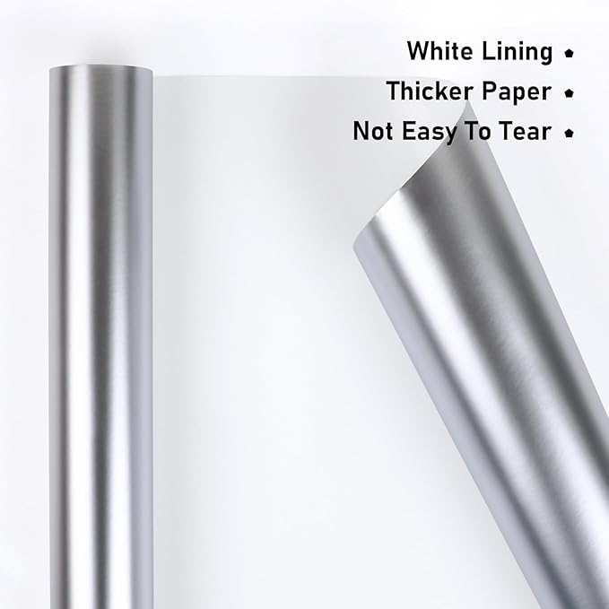 NESCCI Matte Metal Silvery Wrapping Paper, Solid Color Paper-2 Roll,17 Inches X 32.8 Feet Per Roll,Gift Wrapping Paper,Perfect for Wedding,Valentine's Day, Birthday,Baby Shower
