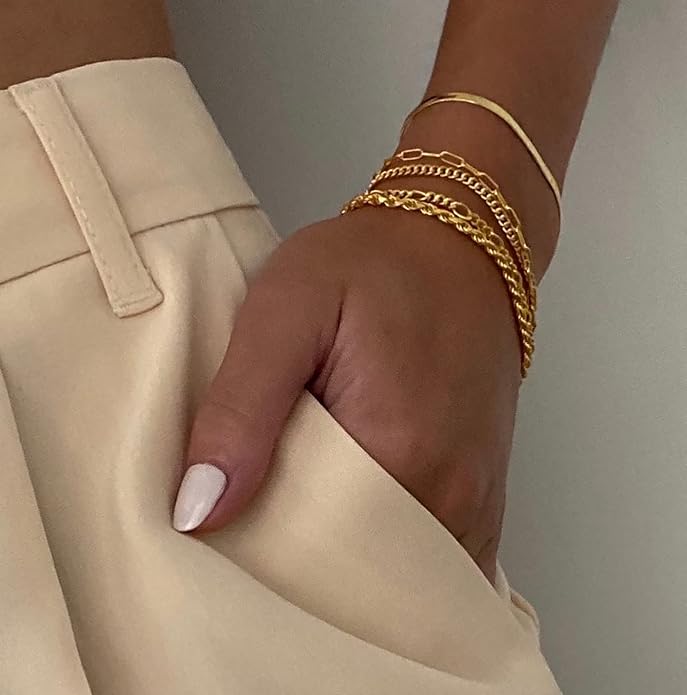 DEARMAY 14K Gold Plated Bracelets for Women, Jewelry Sets Cute Tennis Beaded Bracelets Cuban Link Paperclip Chain Dainty Bracelet Pack Gifts