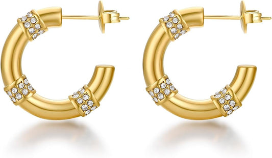 Gold Earrings for Women Girls,14K Gold Plated Hoop Earrings with 925 Sterling Silver Post Cubic Zirconia Stud Earring Huggie Hoops Earrings
