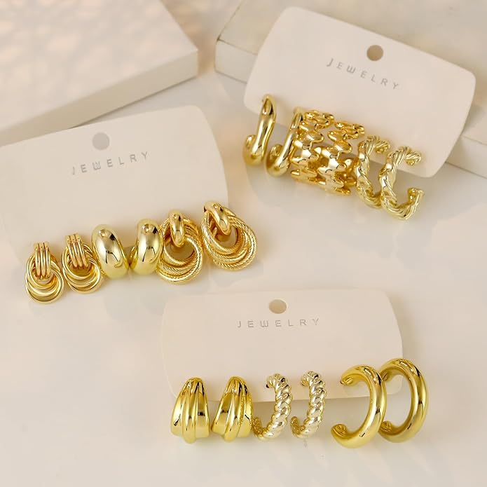 9 Pairs Chunky Gold Earrings Set for Women Trendy Lightweight Gold Plated Hoop Earrings Hypoallergenic Jewelry