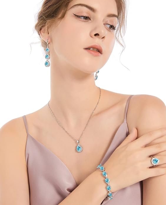 LMXXVJ Necklace Long Earrings Bracelet Set, White Gold Plated Created Blue Sapphire Jewelry Set Wedding Party Gift Jewelry for Women Bridal Bridesmaid