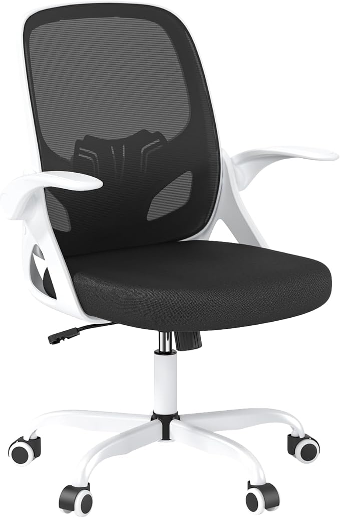 Home Desk Chair with Back Supportive Lumbar Support, Breathable Double Mesh Cushion Home Desk Office Chair with Flip up Arms, Modern Ergonomic Home Desk Office Chair for Work(White)