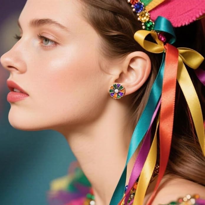 MardiGras Stud Earrings for Women Glitter Delicate Compact Flower Mask Hat Lips Stud Earring Charm Green Purple Gold Carnival Earring Cute MardiGras Jewelry Accessories for Women