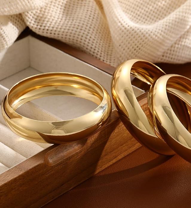 Chunky Gold Bangle Bracelets for Women, Dainty 14k Gold Plated Big Stackable Bangles Set, Trendy Statement Cuff Bracelet Stack Fashion Jewelry Christmas Gifts