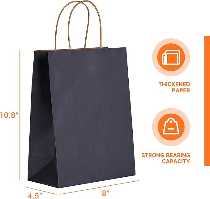 METAPRINT 100 Pack Medium 8x4.5x10.8 Inch Blue Kraft Paper Bag with Handles Bulk, Gift Bags, Craft Grocery Shopping Retail Party Favors Wedding Bags Sacks