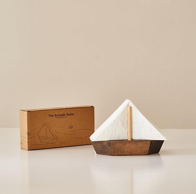 HMC Wooden Sailboat Napkin Holder – The Smooth Sailor Nautical Tabletop Dispenser for Coastal Home & Kitchen Décor, Durable Wooden Construction
