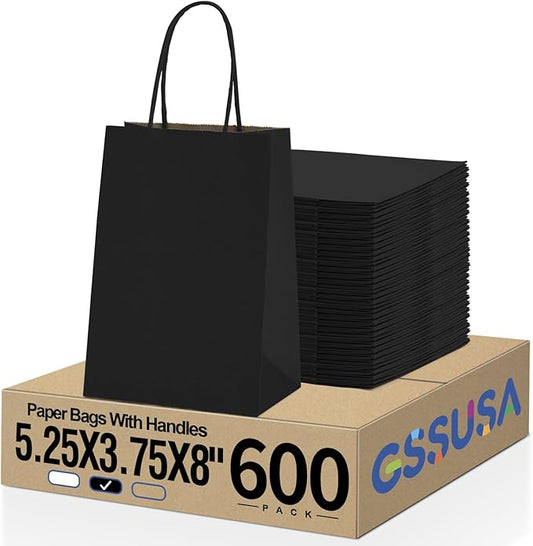GSSUSA Black Gift Bags 5.25x3.75x8 600Pcs, Paper Bags with Handles Bulk for Small Business