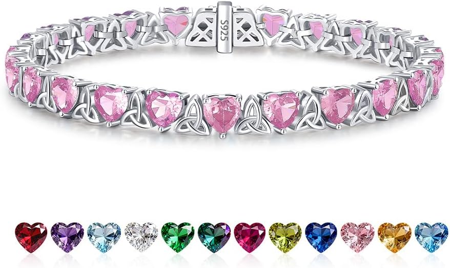 Birthstone Tennis Bracelets for Women, 925 Sterling Silver Heart Shaped Celtic Trinity Knot, 7 Inch Charm Trendy Hypoallergenic Anniversary Birthday Gifts for Her