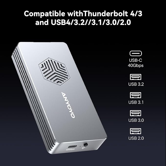 ANYOYO 40Gbps M.2 NVMe SSD Enclosure with Cooling Fan for M1 M2 Pro/Max,M.2 NVMe Enclosure Compatible with Thunderbolt 3/4/5/USB4/3.2/3.1 Support M/B+M Key Size 2230/2242/2260/2280 up to 2700 MB/s