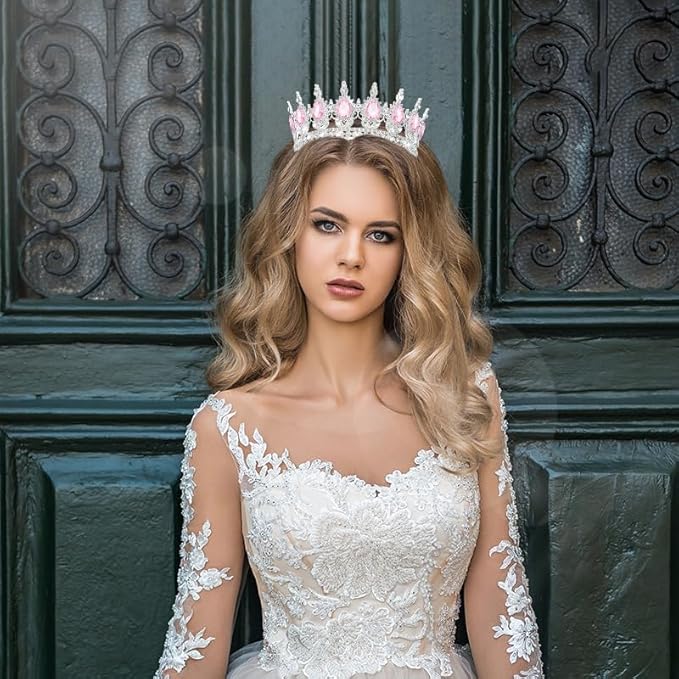 Queen Crown Rhinestone Wedding Tiaras for Women Costume Party Hair Accessories Princess Birthday Tiara Crystal Bridal Crown (Silver Pink-1)