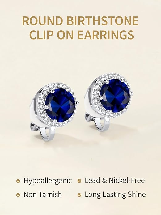 FindChic Sparkling Birthstone Clip On Earrings for Women, Silver Plated Stud Earrings 8MM Cubic Zirconia Non Pierced Studs, 12 Months Birthday Jewelry Gift