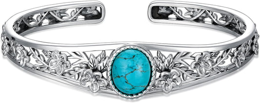 Genuine Turquoise Cuff Bracelet for Women, Sterling Silver Western Vintage Floral Bangle Native American Jewelry, For 6.5-7.5 Inch Wrists