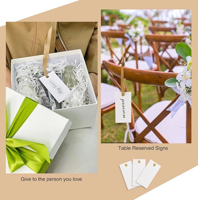 25 Pcs Name Place Cards Blank Seat Card, 2 x 4 in Table Cards with Stain Ribbon, Wedding Place Card, Hanging Tags for Wedding table Setting Reserved Chairs Signs Dinner Banquet Parties.(Gold)