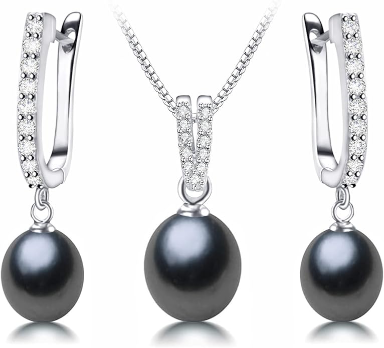 Pearl Jewelry Set For Women with Cubic Zirconia Freshwater Pearl Pendant Necklace & Earrings 925 Sterling Silver for Wedding Prom Gift
