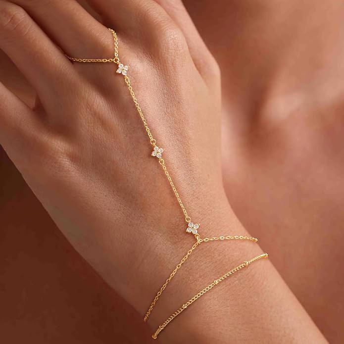Valentine Gift 14K Gold Plated Hand Chain Bracelet for Women Trendy, 2 Pcs Stackable Gold/Silver Finger Ring Bracelet Hand Chain Dainty Non Tarnish Waterproof Set Jewelry Adjustable 7'+2