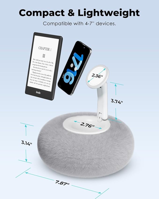 Viozon Phone Holder for Bed, Magnetic Pillow Stand, Compatible with 4-7" Phone/Kindle with Small Storage, Removable Suction Base for Stability, Idea for Kindle Reading and Video Watching On Bed,Grey