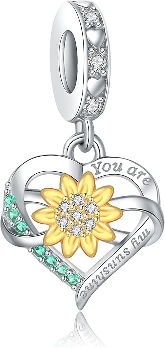 925 Sterling Silver Sunflower Charms Fit Pandora Charms Bracelet Forever In My Heart Fit Wife Mother's Day Christmas Birthday Gift