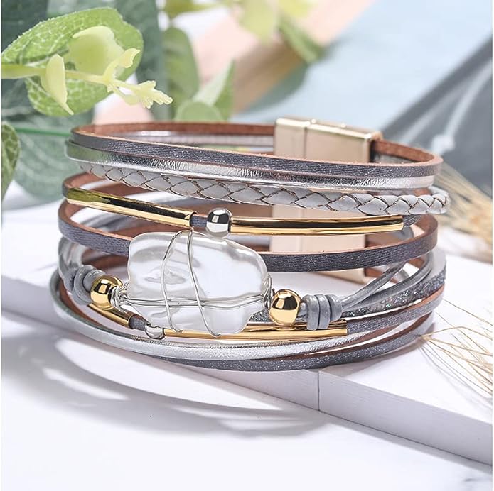 Fesciory Leather Wrap Bracelets for Women, Boho Leopard Multi-Layer Crystal Beads Cuff Bracelet Jewelry