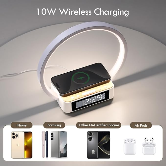 Alarm Clock,Table Lamp with Wireless Charging,Touch Bedside Lamp with 3 Brightness Levels,Snooze,Sunrize Wake-Up Light,Idea Gifts for Women,Men,Teens,Adults