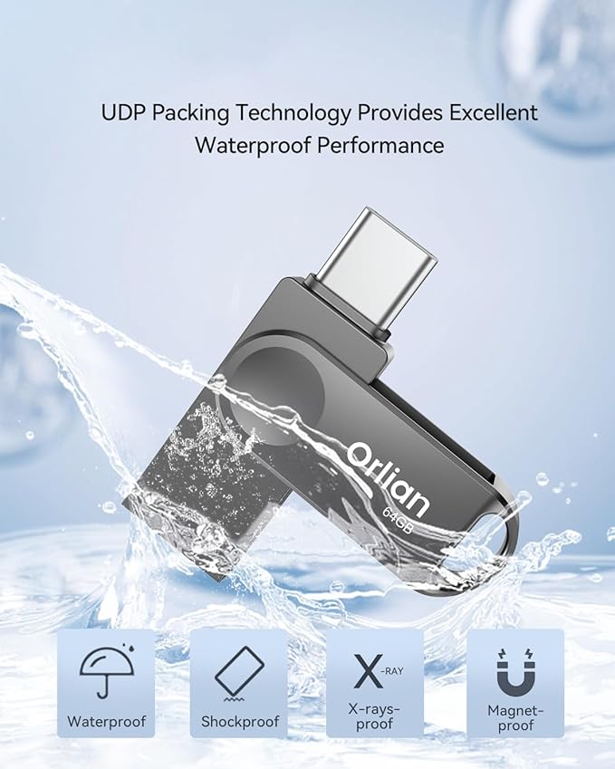 64GB USB C Flash Drive, Dual Drive USB 3.0 and Type C Thumb Drive Up to 110MB/s Read Metal Waterproof Swivel Design Portable for PC Laptop Tablet Android Smartphone iPhone 15 and More, Gray