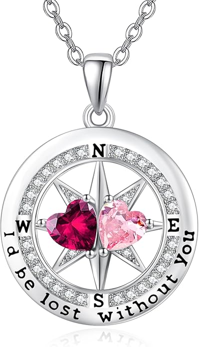 Compass Necklace for Women, Exquisite S925 Valentines Day Anniversary Birthday Gifts for Wife Her Double Birthstone Pendant Jewelry ‘I'd be Lost Without You’