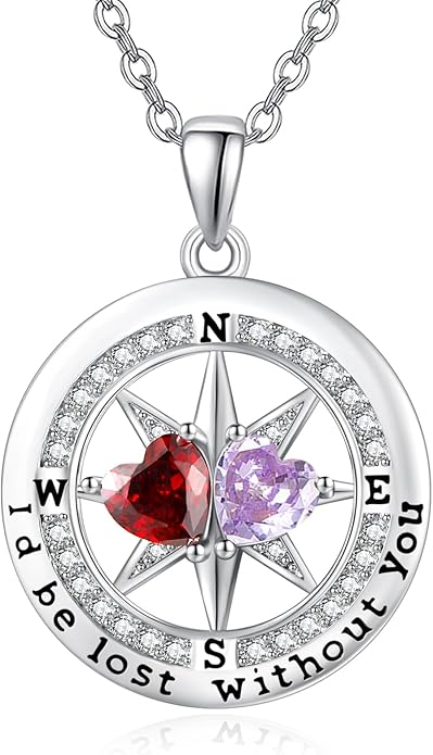 Compass Necklace for Women, Exquisite S925 Valentines Day Anniversary Birthday Gifts for Wife Her Double Birthstone Pendant Jewelry ‘I'd be Lost Without You’