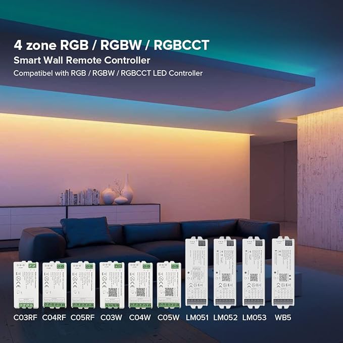 BTF-LIGHTING WR01RF Wireless 2.4G RF 4 Zones RGB RGBW RGBCCT Wall Mounted Smart Panel Remote Powered by 2XAAA Batteries 3V Work with DR03W DR04W WB5 LM052 C03RF C04RF C05RF C03W C04W C05W Controller