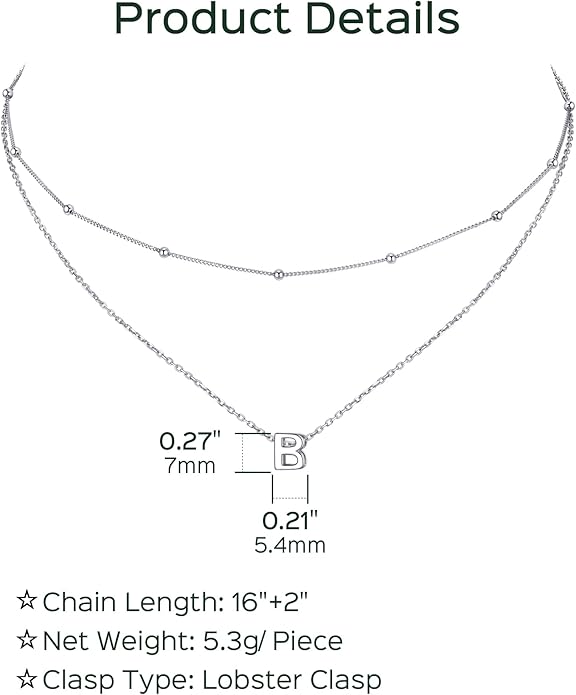 ChicSilver Layered Initial Necklace for Women, 925 Sterling Silver Personalized Letter A-Z Pendant Necklaces, Hypoallergenic Silver Choker with Adjustable 16" Rolo Chain, Dainty Birthday jewelry