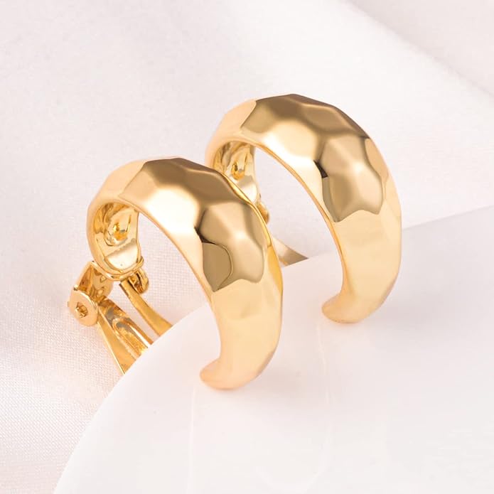 Clip on Earrings Women, 14K Gold Hoop Clip-On Earrings for Women, Hypoallergenic Non Pierced Croissant Earrings