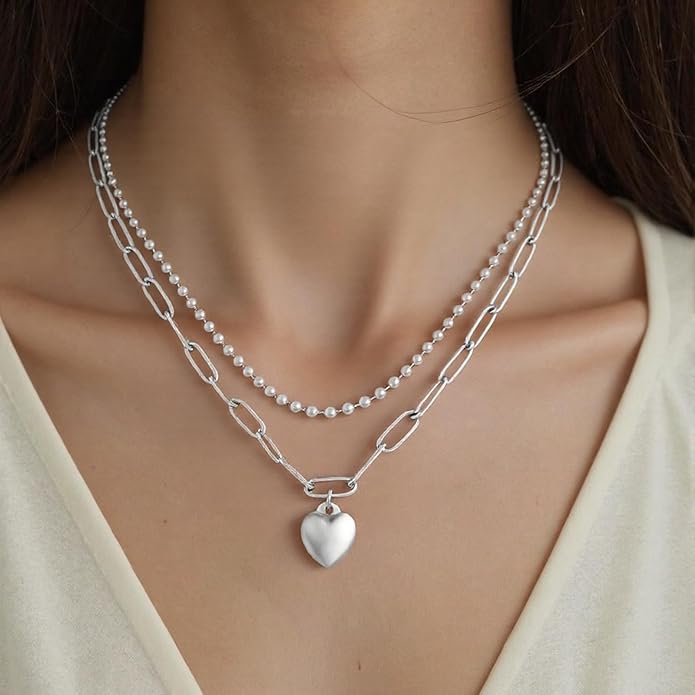 Heart Necklace for Women, 18K Gold Plated Heart Pendant Layered Necklaces Jewelry Gifts Gold Silver