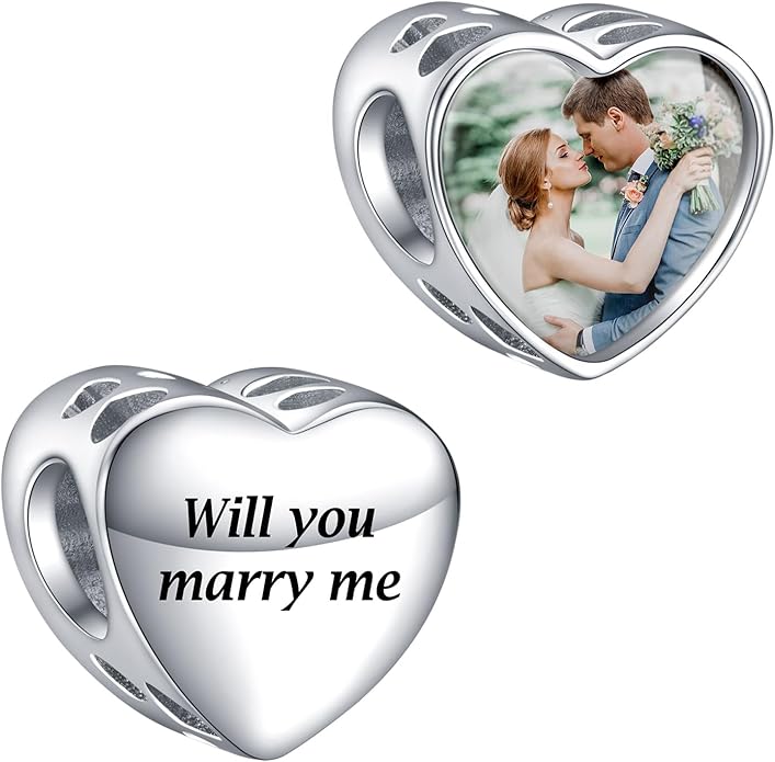 Annmors Personalized Photo Charms For Bracelets/Necklace 925 Sterling Silver Love Heart Shaped Engraved Customize Picture Gift for Birthday Mother's Day,Bead Charms Jewelry for Women
