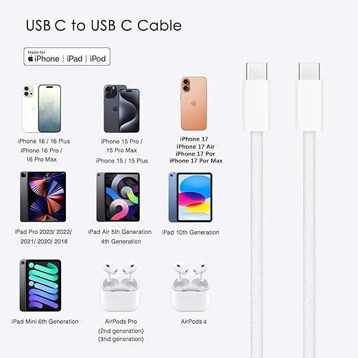 Short iPhone 17/16/16e/15 USB C to USB C Woven Cable for iPhone 17Air, 17 16 15 Pro Max, Plus, 60W Charging Cord for AirPods 4/Pro (2nd/3rd Gen), iPad 10th Gen/iPad Pro/Air 5 4th Charger Cable (1.5ft)