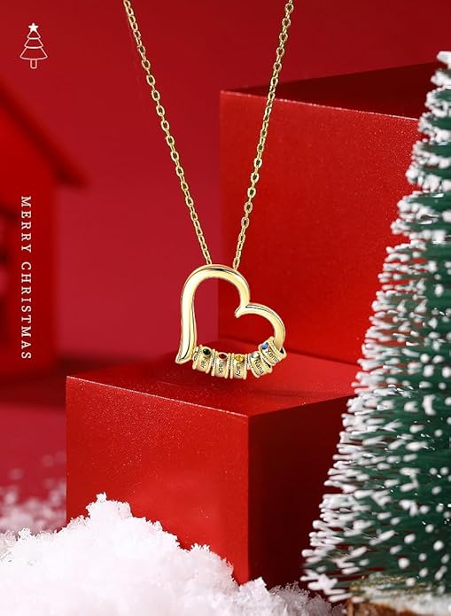 Personalized Women's Pendant Necklace 925 Sterling Silver with 1-5 Simulated Birthstone Names Customized Heart Shape Cubic Zirconia Necklace