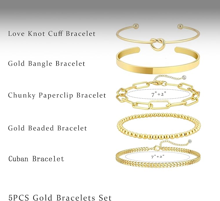 Gold Bracelets for Women 18k Gold Plated Bracelet Stack Bangle Cuff Bracelet Set for Women Non Tarnish Beaded/Paperclip/Cuban Link Chain Bracelets Jewelry for Women Trendy