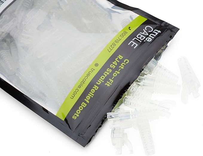 trueCABLE RJ45 Strain Relief Boots, Large 5.5 to 7.0mm Cut-to-Fit PVC Plug Cover, Transparent, 100 Pieces