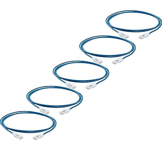 TRUECABLE Cat6 Component Rated Patch Cable, Unshielded (U/UTP), 7ft, Blue, 28AWG Solid Copper, Snagless 10G High-Speed Ethernet Cable, PoE++ 4PPoE 100W, UL Listed, RoHS-3, 5 Pack