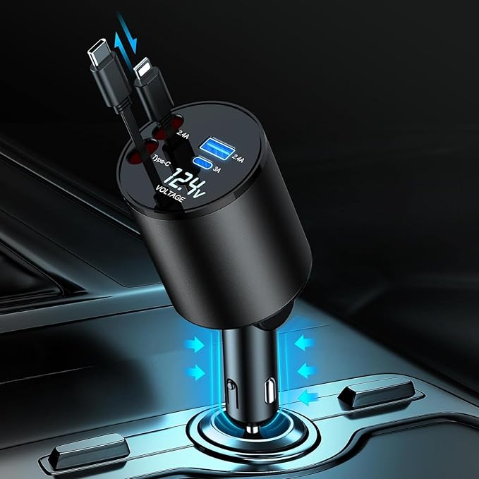 Retractable Car Charger, 4 in 1 Super Fast Car Phone Charger 60W, 2 Retractable Cables and 2 USB Ports Car Charging Adapter,Compatible with iPhone 16/15/14/13/12/11,Air-Pods 4,Galaxy,Pixel