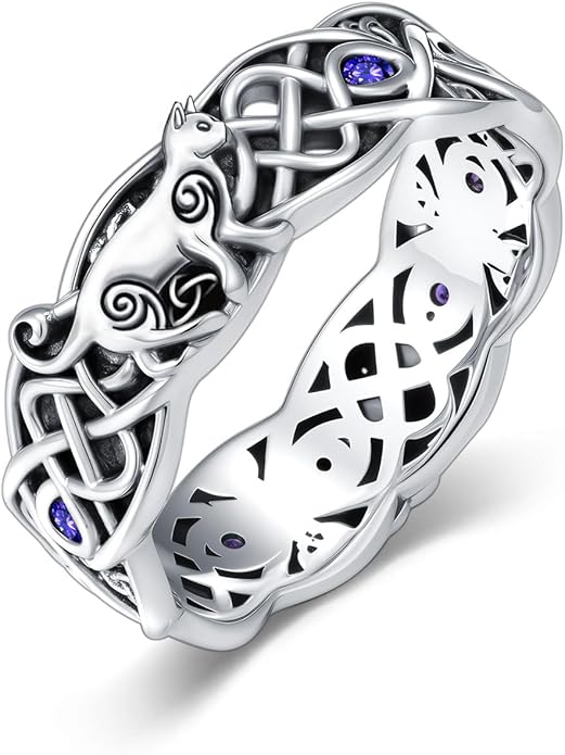 Seiyang Celtic Cat Ring 925 Sterling Silver Irish Trinity Knot Celtic Cat Wedding Promise Ring with 12 Months Birthstone Irish Lucky Jewelry Gifts for Women Mom Her