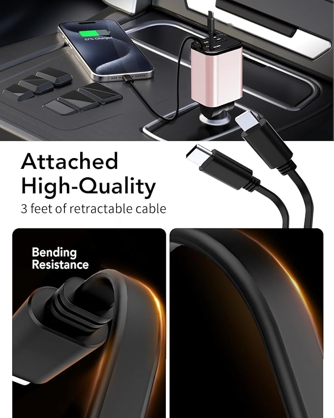 Retractable Car Charger, 4 in 1 Fast Car Phone Charger 69W, 2 Retractable Cables and 2 USB Port, Compatible with iPhone 16/15/14/13/12/11,Galaxy,Pixel