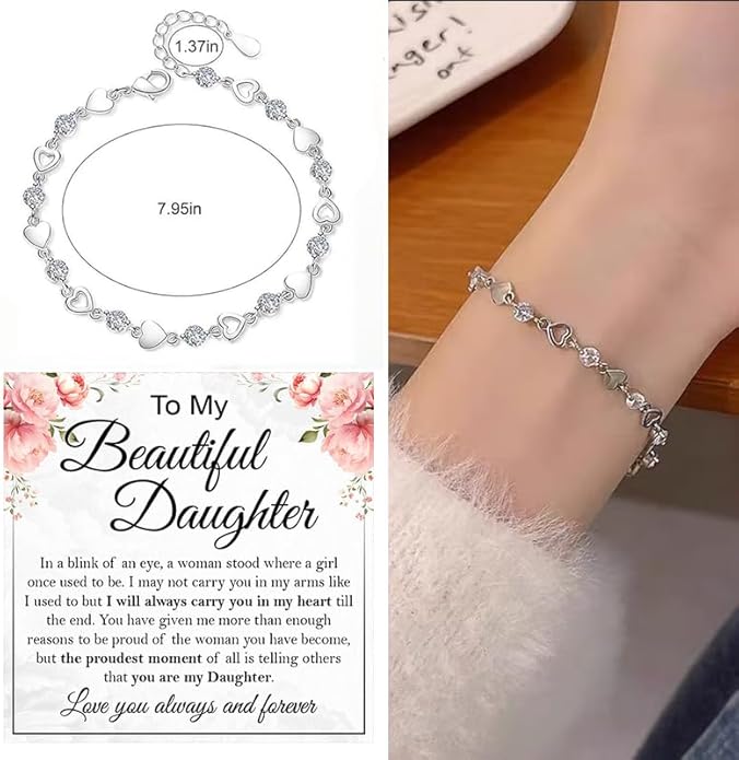 To My Daughter Bracelet, Silver Heart Chain Bracelet with Shiny Stones, Perfect Birthday or Graduation Christmas Gift for Daughter with Message Card and Gift Box