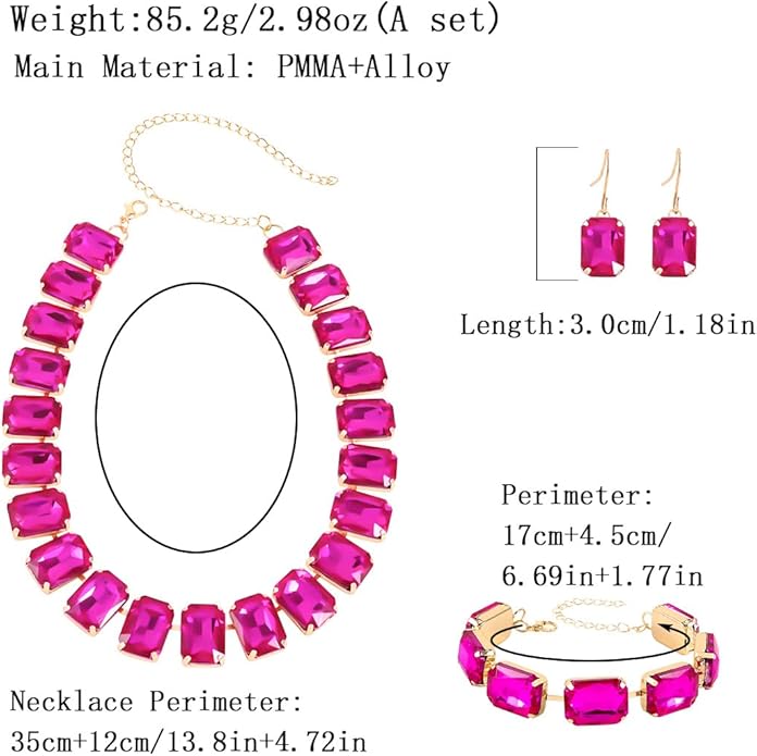 KOSMOS-LI Rectangle Faux Crystal Jewelry Sets Includ Necklace Bracelet Earrings For Women Stocking Stuffers