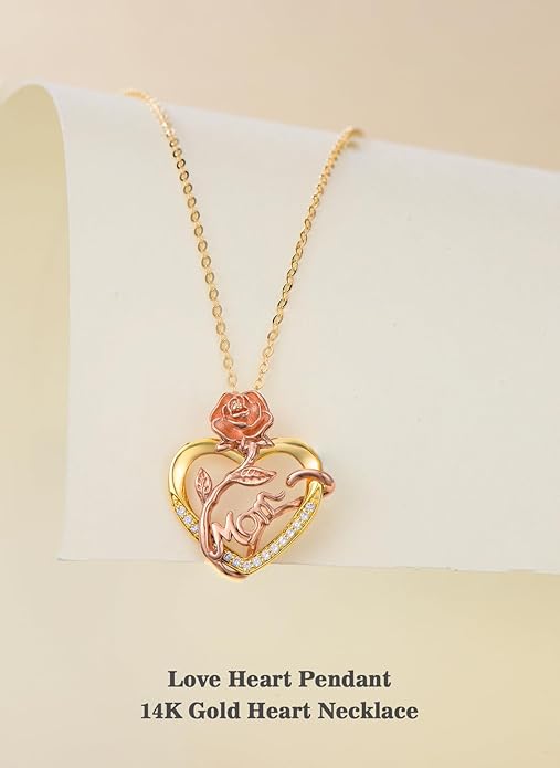 14K Solid Gold Rose Flower/Sunflower Necklaces for Women Flower Heart Pendant Necklace Love Sunshine Jewelry Anniversary Valentine's Day Birthday GiftS for Women Wife Girlfriend Her Mom