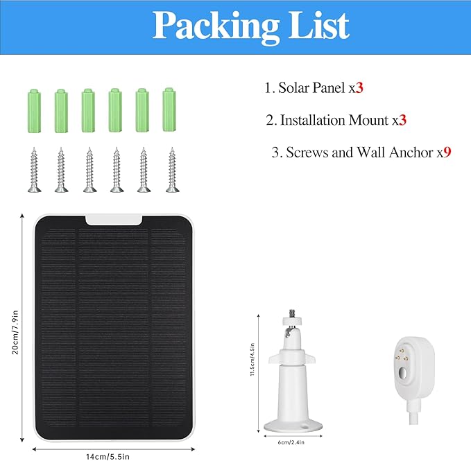 Upgrade 3 Pack 5W Solar Panel Charging Compatible with Arlo Pro 3/4/5S/Ultra/Ultra 2/Go 2 Continuous Power Supply IP65 Weatherproof with 9.8ft/3m Charging Cable and Adjustable Wall Mount