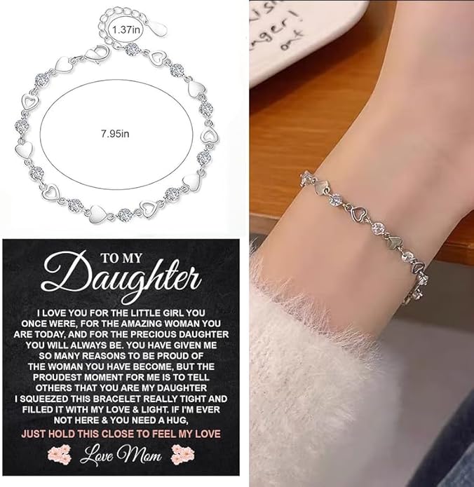 To My Daughter Bracelet, Silver Heart Chain Bracelet with Shiny Stones, Perfect Birthday or Graduation Christmas Gift for Daughter with Message Card Gift Box
