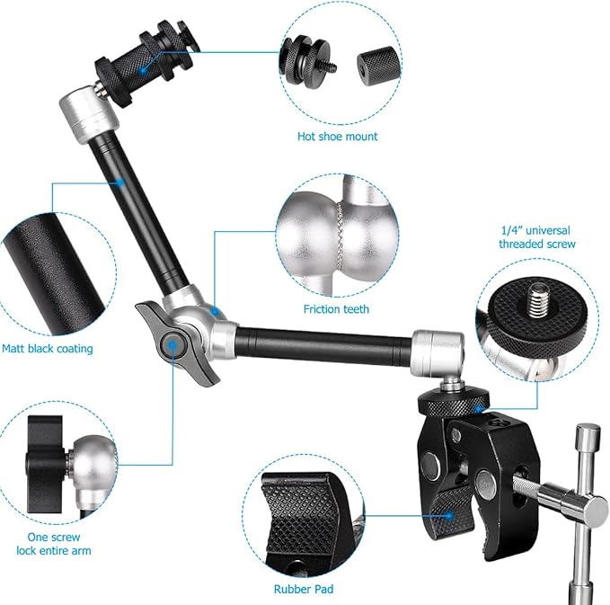 11" Adjustable Magic Arm DSLR Mirrorless Action Camera Camcorder Smartphone LCD Monitor Video Vlog Rig w/Clamp Holder Mounts fit for GoPro iPhone