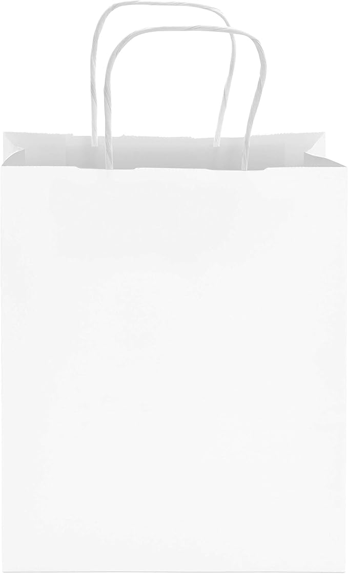Prime Line Packaging 8x4x10 Small 50 Pack White Paper Bags with Handles, Shopping Bags for Small Business, Retail, Boutique, Party Favor Gift Bags Bulk