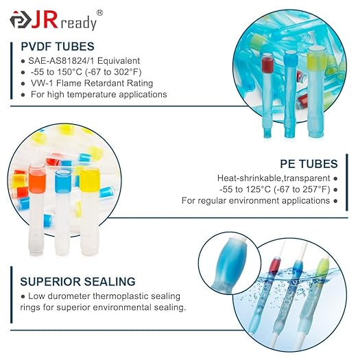 JRready 50Set IP68 Waterproof Butt Splice Connectors Red MiniSeal Crimp Splice Kit 26–20 AWG (M81824/1-1) Wire-to-Wire Butt Terminals with PVDF/PE Heat Shrink Tubes ST6385-20-50