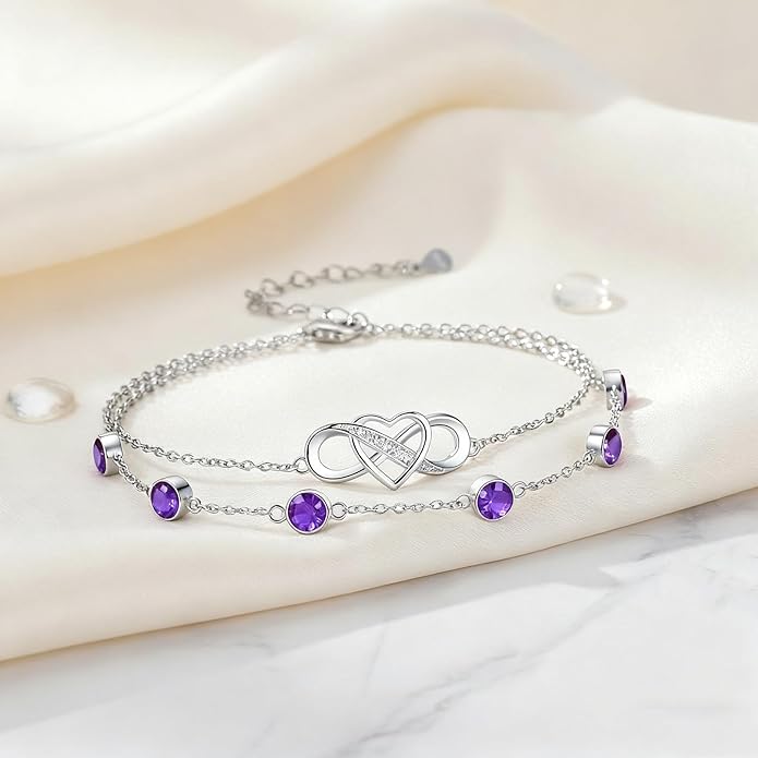 Prismata Infinity Birthstone Charm Link Bracelet 925 Sterling Silver Adjustable 12 Months Birthstone Infinity Bracelet Birthday Jewelry Gifts for Women Mom Her,with 7"+2" chain