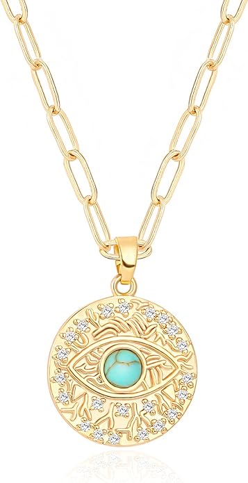Aobei Pearl 18K Gold Plated Moon Star Lion Evil Eye Love Heart Cross Pendant Necklace Medallion Paperclip Chian Choker Layering Jewery for Women